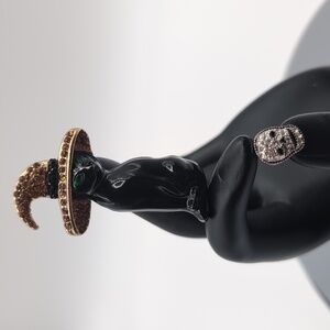 NWOT Halloween Black Cat Brooch With Bejeweled Skull Stud Earrings